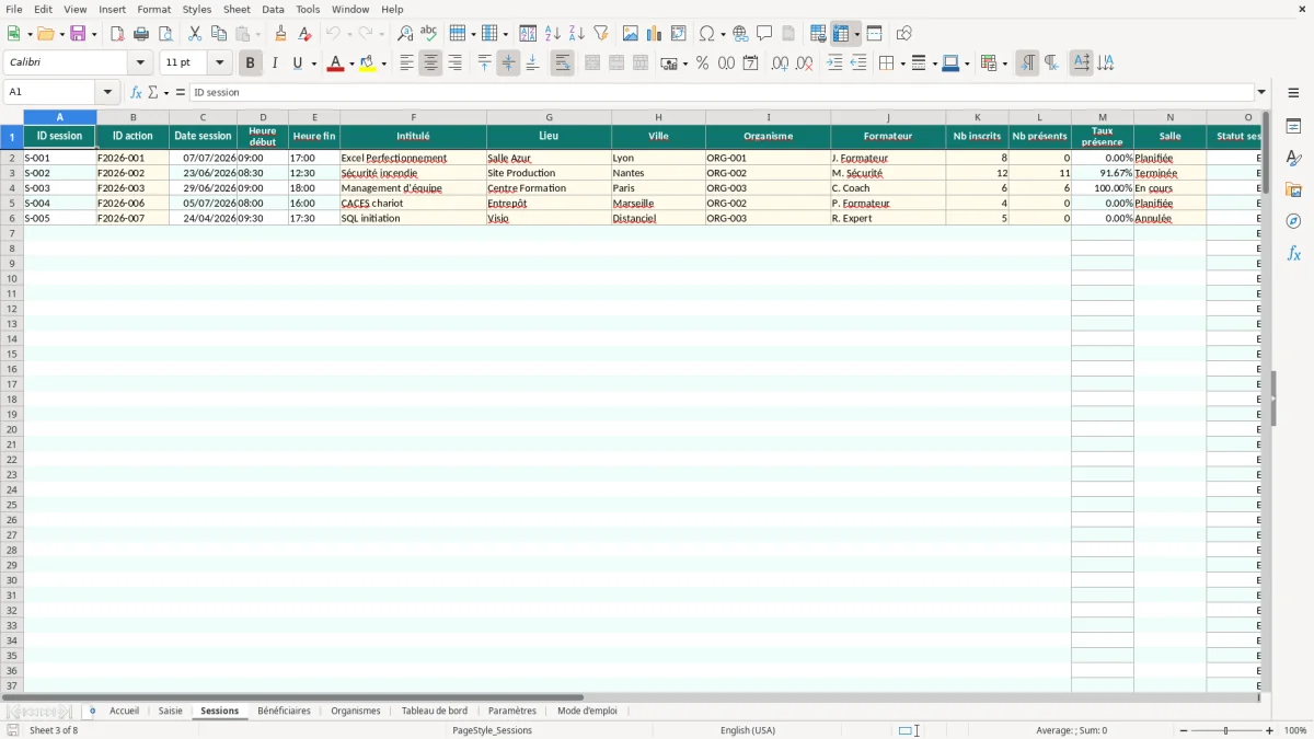 Capture d'écran 3 : Feuille Sessions - Modèle Excel Suivi Formation Professionnelle Excel - Modèle Gratuit (2026)