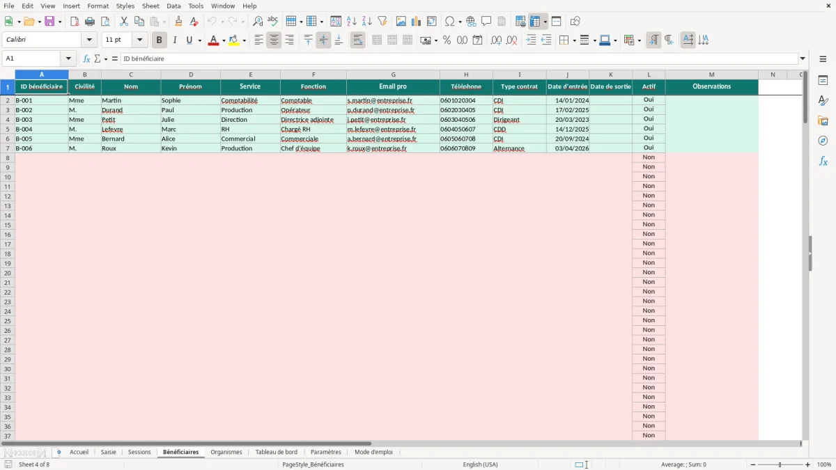 Capture d'écran 4 : Feuille Bénéficiaires - Modèle Excel Suivi Formation Professionnelle Excel - Modèle Gratuit (2026)