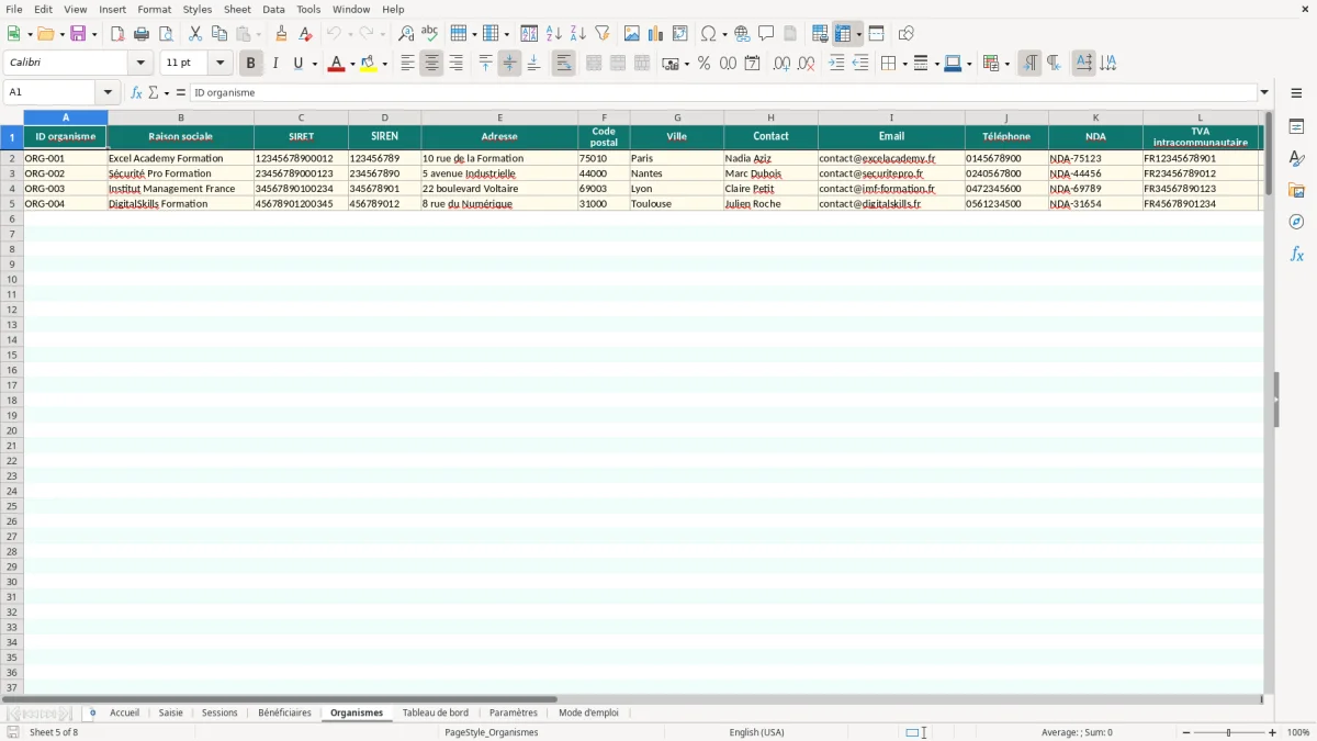 Capture d'écran 5 : Feuille Organismes - Modèle Excel Suivi Formation Professionnelle Excel - Modèle Gratuit (2026)