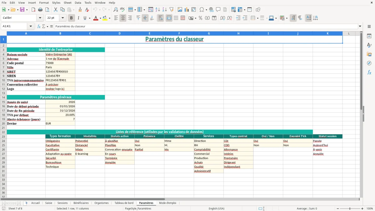 Capture d'écran 7 : Feuille Paramètres - Modèle Excel Suivi Formation Professionnelle Excel - Modèle Gratuit (2026)