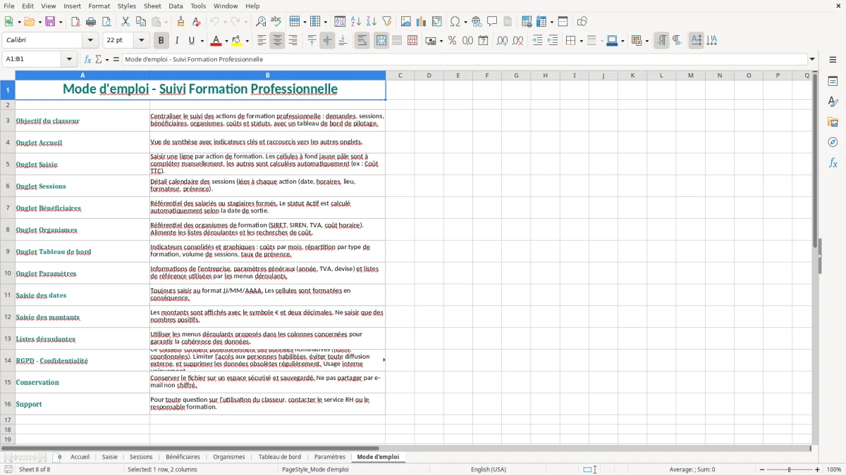 Capture d'écran 8 : Feuille Mode d'emploi - Modèle Excel Suivi Formation Professionnelle Excel - Modèle Gratuit (2026)
