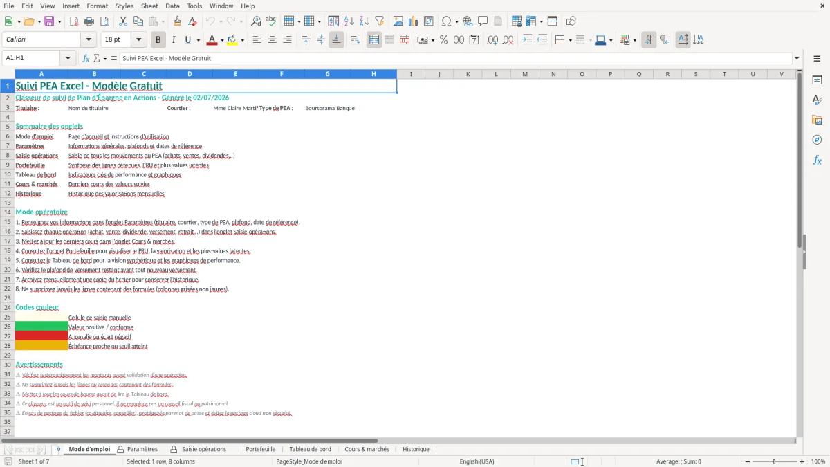 Capture d'écran 1 : Feuille Mode d'emploi - Modèle Excel Suivi PEA Excel - Modèle Gratuit (2026)