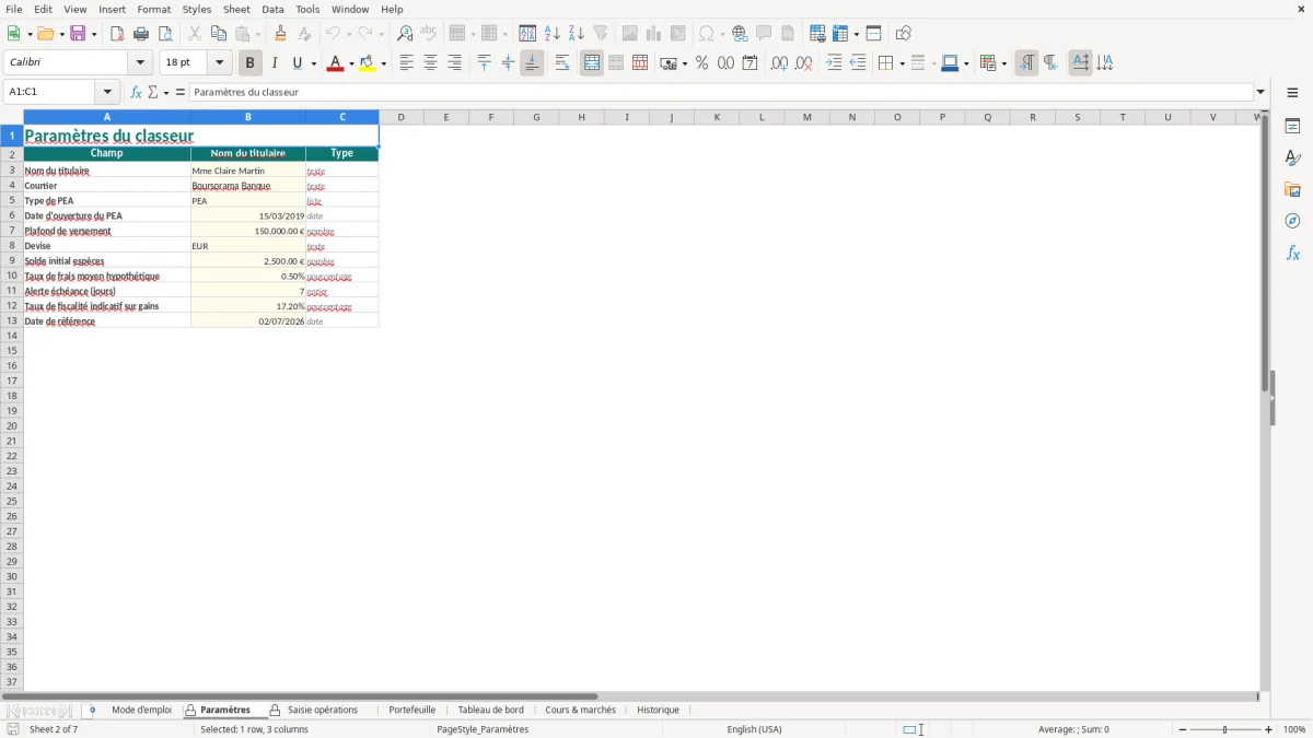 Capture d'écran 2 : Feuille Paramètres - Modèle Excel Suivi PEA Excel - Modèle Gratuit (2026)