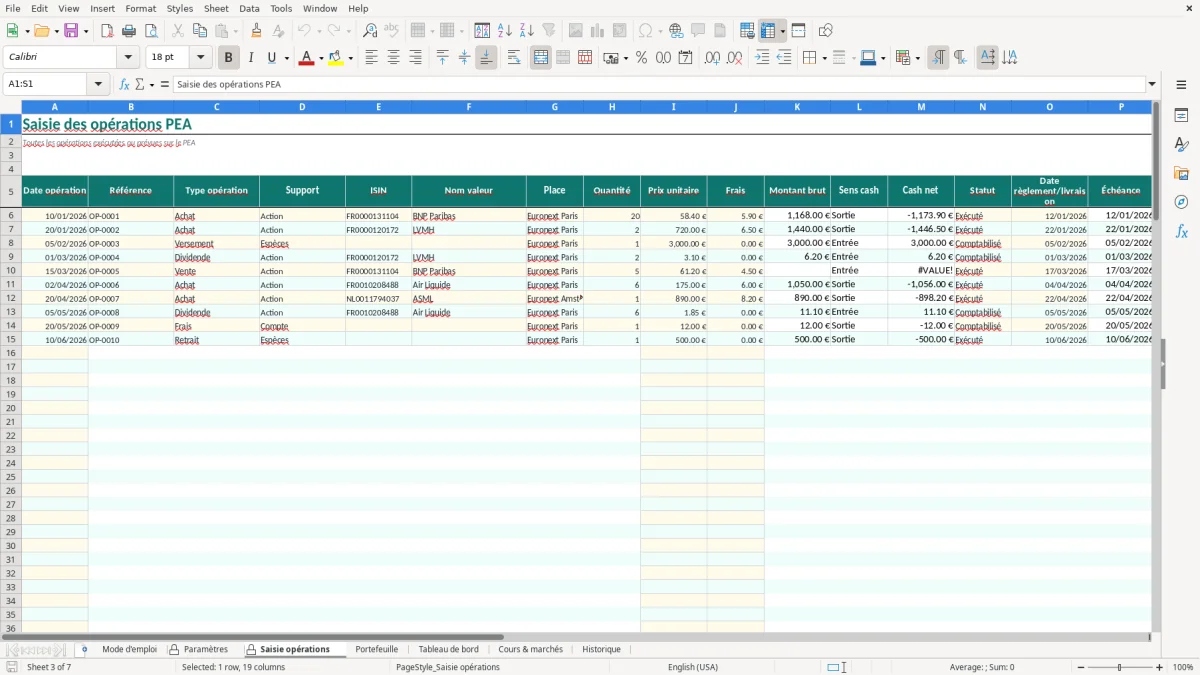 Capture d'écran 3 : Feuille Saisie opérations - Modèle Excel Suivi PEA Excel - Modèle Gratuit (2026)