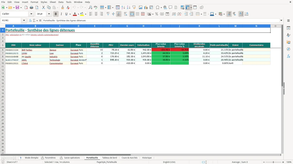 Capture d'écran 4 : Feuille Portefeuille - Modèle Excel Suivi PEA Excel - Modèle Gratuit (2026)