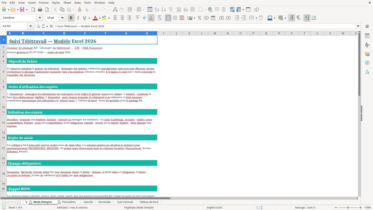 Capture d'écran 1 : Feuille Mode d'emploi - Modèle Excel Suivi Télétravail Excel - Modèle Gratuit (2026)