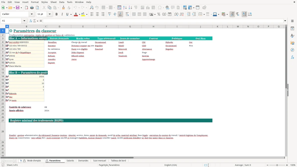 Capture d'écran 2 : Feuille Paramètres - Modèle Excel Suivi Télétravail Excel - Modèle Gratuit (2026)