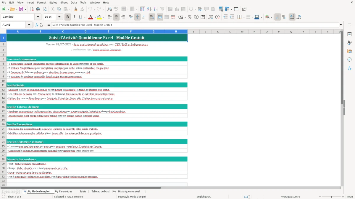 Capture d'écran 1 : Feuille Mode d'emploi - Modèle Excel Suivi d'Activité Quotidienne Excel - Modèle Gratuit (2026)