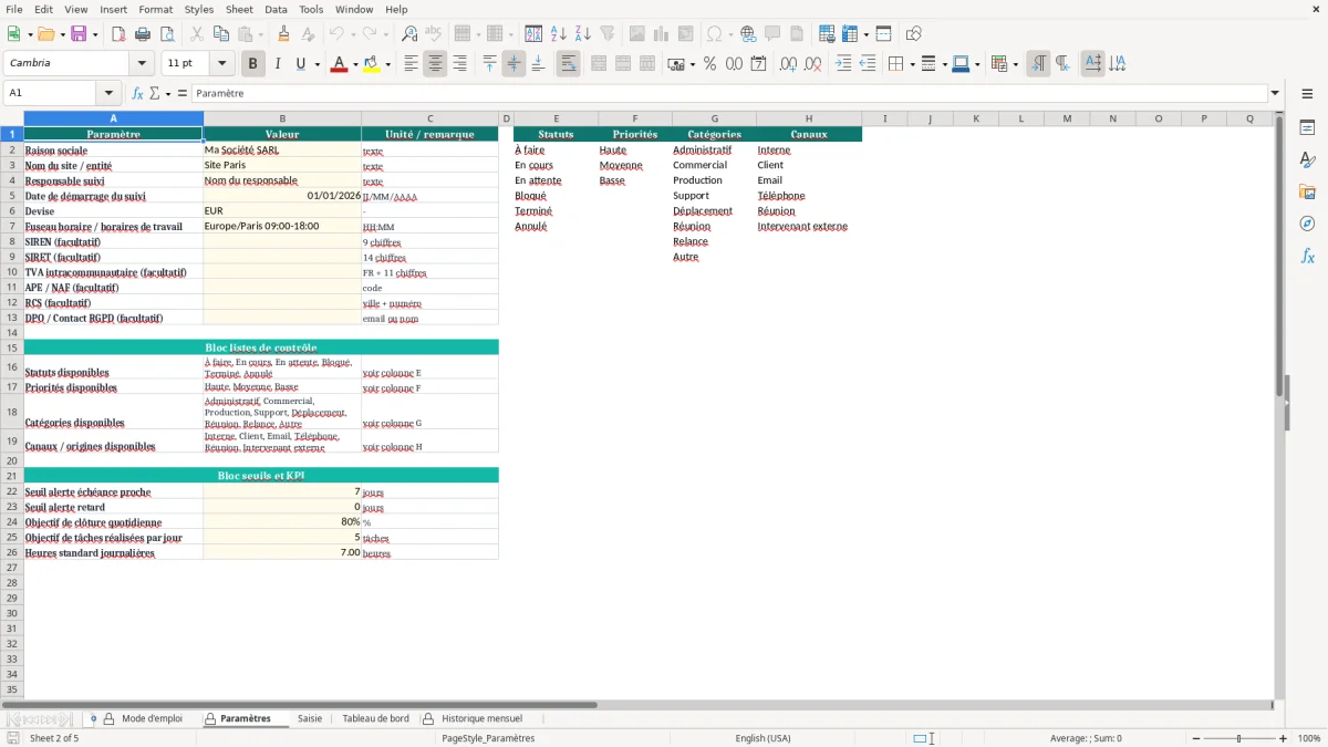Capture d'écran 2 : Feuille Paramètres - Modèle Excel Suivi d'Activité Quotidienne Excel - Modèle Gratuit (2026)