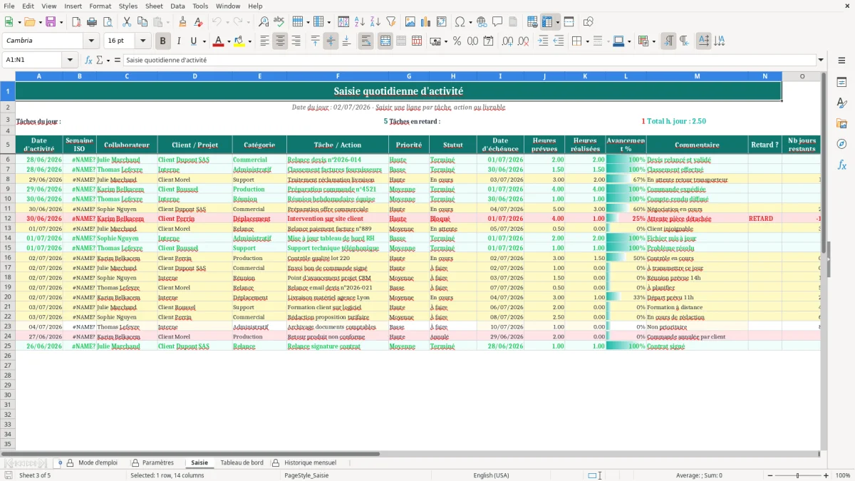 Capture d'écran 3 : Feuille Saisie - Modèle Excel Suivi d'Activité Quotidienne Excel - Modèle Gratuit (2026)