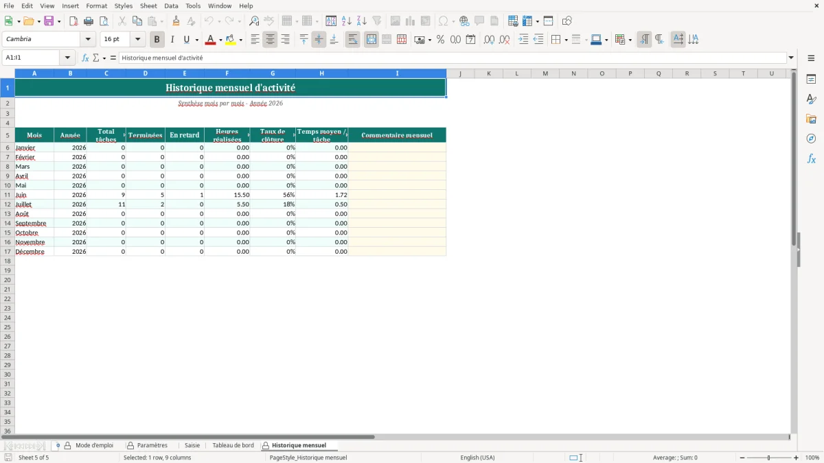 Capture d'écran 5 : Feuille Historique mensuel - Modèle Excel Suivi d'Activité Quotidienne Excel - Modèle Gratuit (2026)
