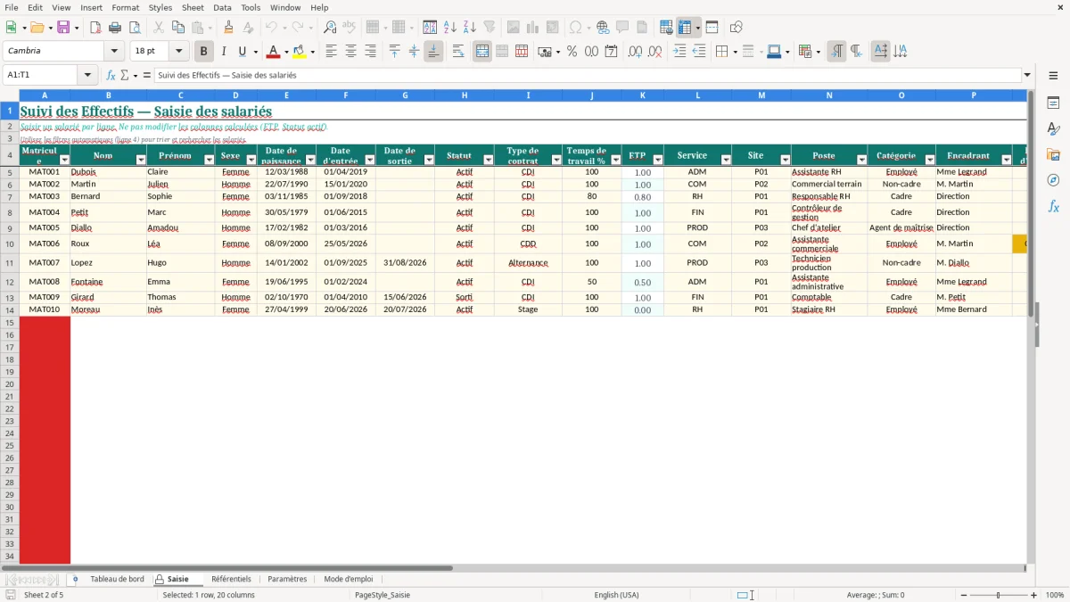 Capture d'écran 2 : Feuille Saisie - Modèle Excel Suivi des Effectifs Excel - Modèle Gratuit (2026)