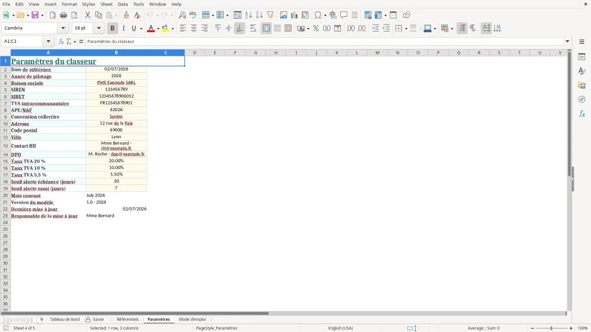 Capture d'écran 4 : Feuille Paramètres - Modèle Excel Suivi des Effectifs Excel - Modèle Gratuit (2026)