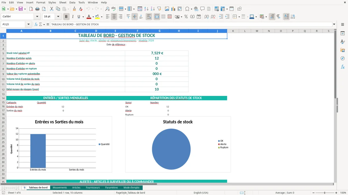 Capture d'écran 1 : Feuille Tableau de bord - Modèle Excel Tableau de Bord Gestion de Stock Excel - Modèle Gratuit (2026)