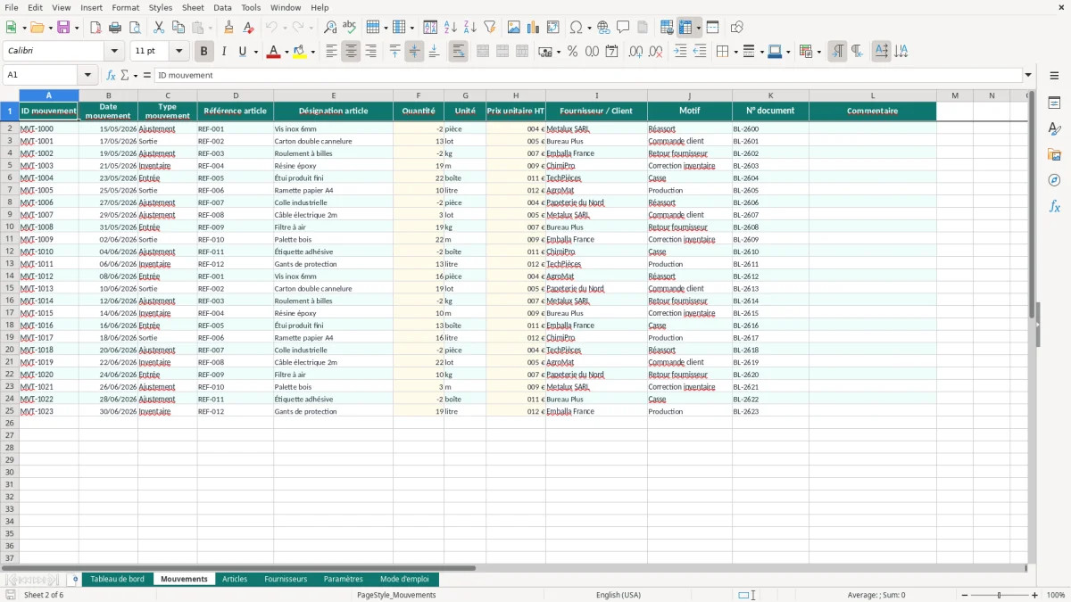Capture d'écran 2 : Feuille Mouvements - Modèle Excel Tableau de Bord Gestion de Stock Excel - Modèle Gratuit (2026)