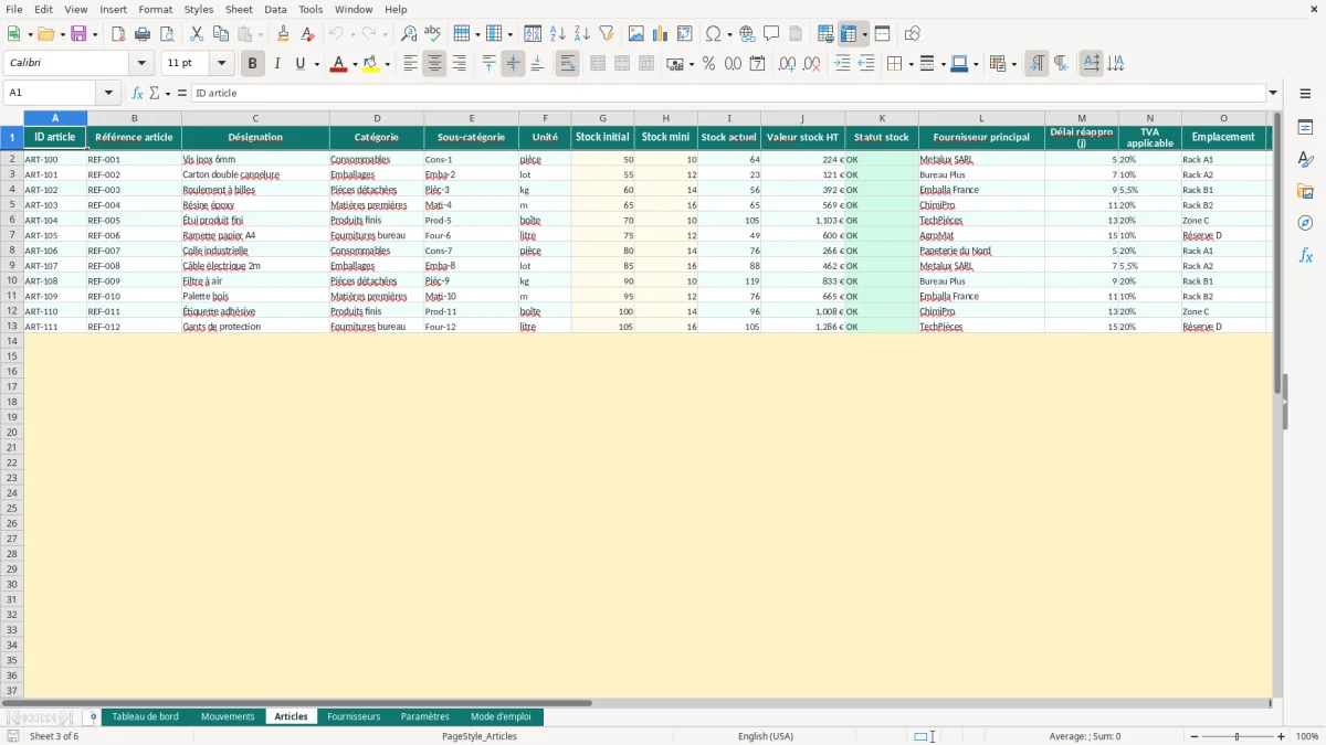 Capture d'écran 3 : Feuille Articles - Modèle Excel Tableau de Bord Gestion de Stock Excel - Modèle Gratuit (2026)