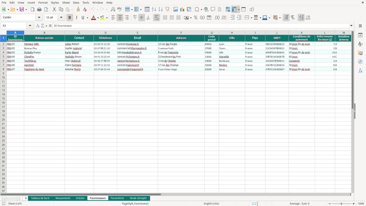 Capture d'écran 4 : Feuille Fournisseurs - Modèle Excel Tableau de Bord Gestion de Stock Excel - Modèle Gratuit (2026)