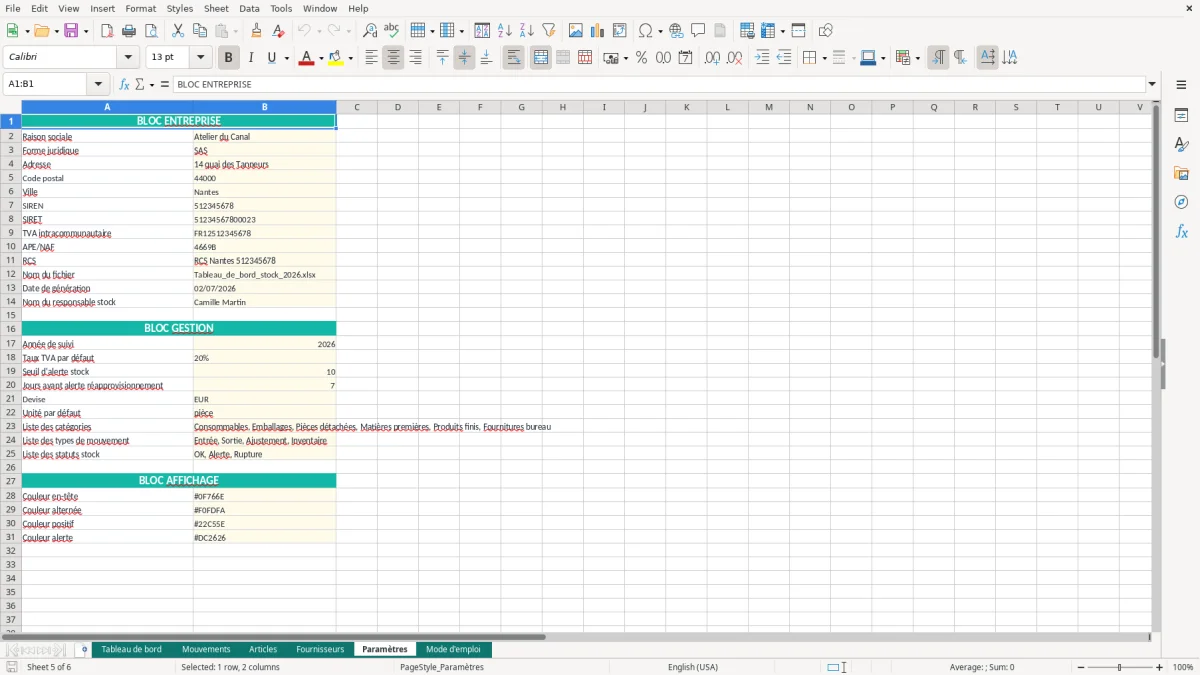 Capture d'écran 5 : Feuille Paramètres - Modèle Excel Tableau de Bord Gestion de Stock Excel - Modèle Gratuit (2026)