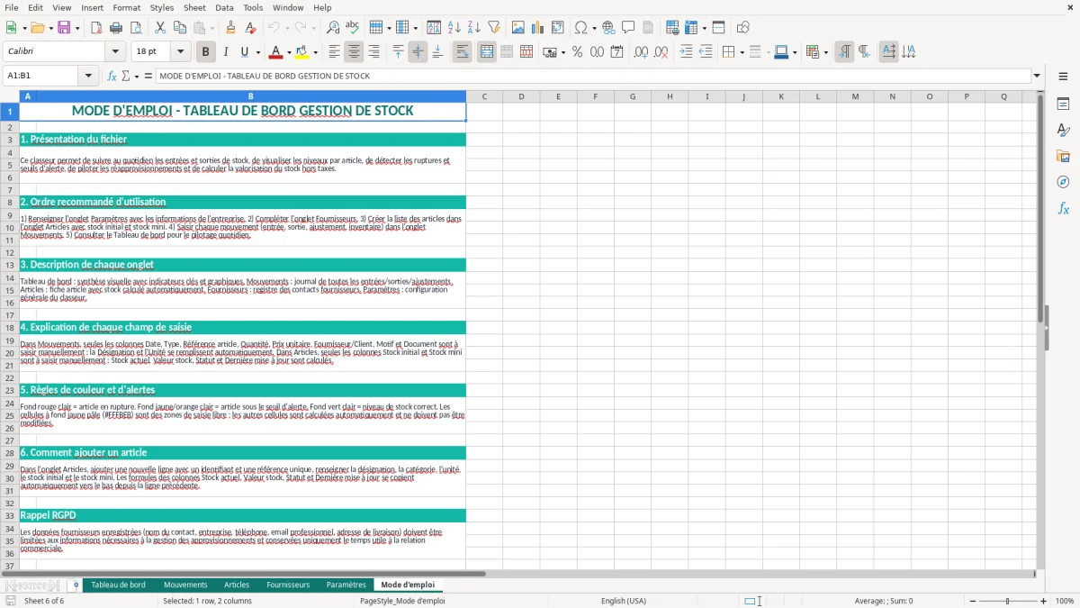 Capture d'écran 6 : Feuille Mode d'emploi - Modèle Excel Tableau de Bord Gestion de Stock Excel - Modèle Gratuit (2026)