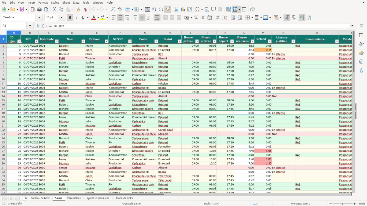 Capture d'écran 2 : Feuille Saisie - Modèle Excel Tableau de Présence du Personnel Excel - Modèle Gratuit (2026)