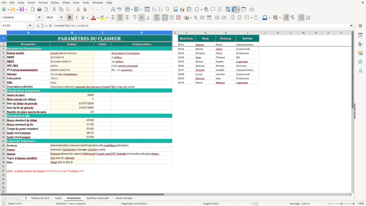 Capture d'écran 3 : Feuille Paramètres - Modèle Excel Tableau de Présence du Personnel Excel - Modèle Gratuit (2026)