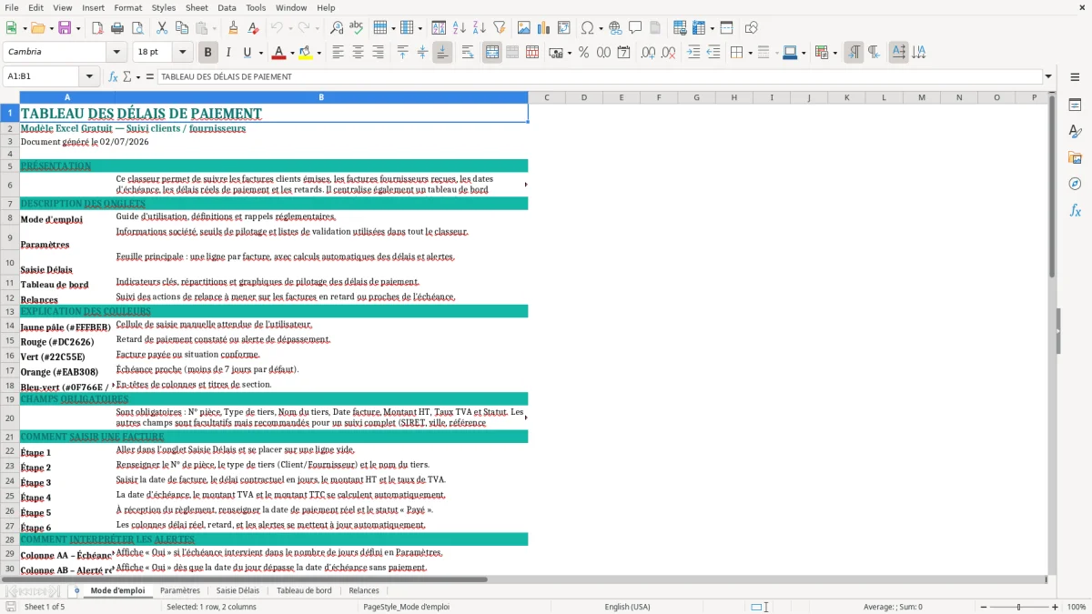 Capture d'écran 1 : Feuille Mode d'emploi - Modèle Excel Tableau des Délais de Paiement Excel - Modèle Gratuit (2026)