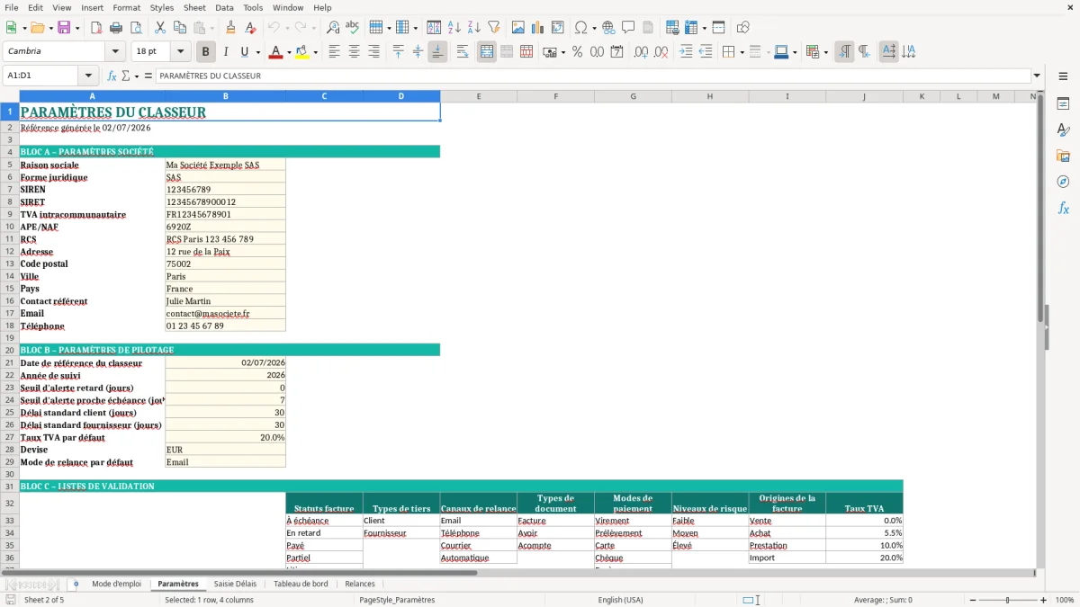 Capture d'écran 2 : Feuille Paramètres - Modèle Excel Tableau des Délais de Paiement Excel - Modèle Gratuit (2026)