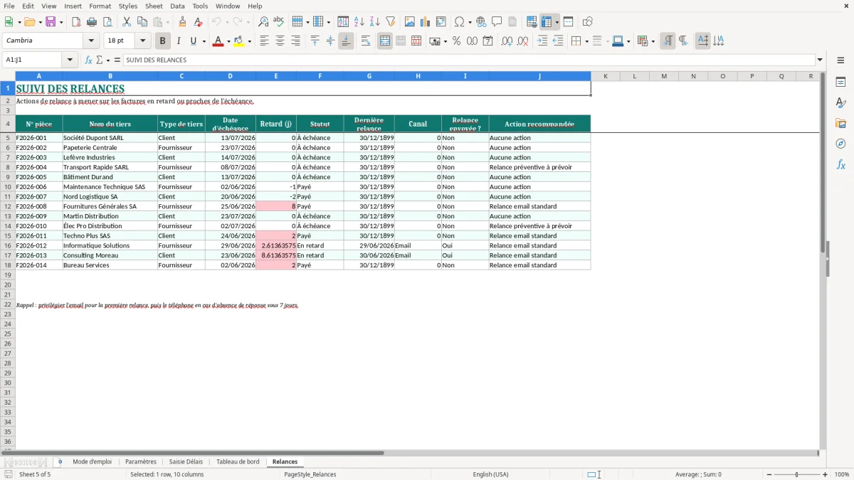 Capture d'écran 5 : Feuille Relances - Modèle Excel Tableau des Délais de Paiement Excel - Modèle Gratuit (2026)