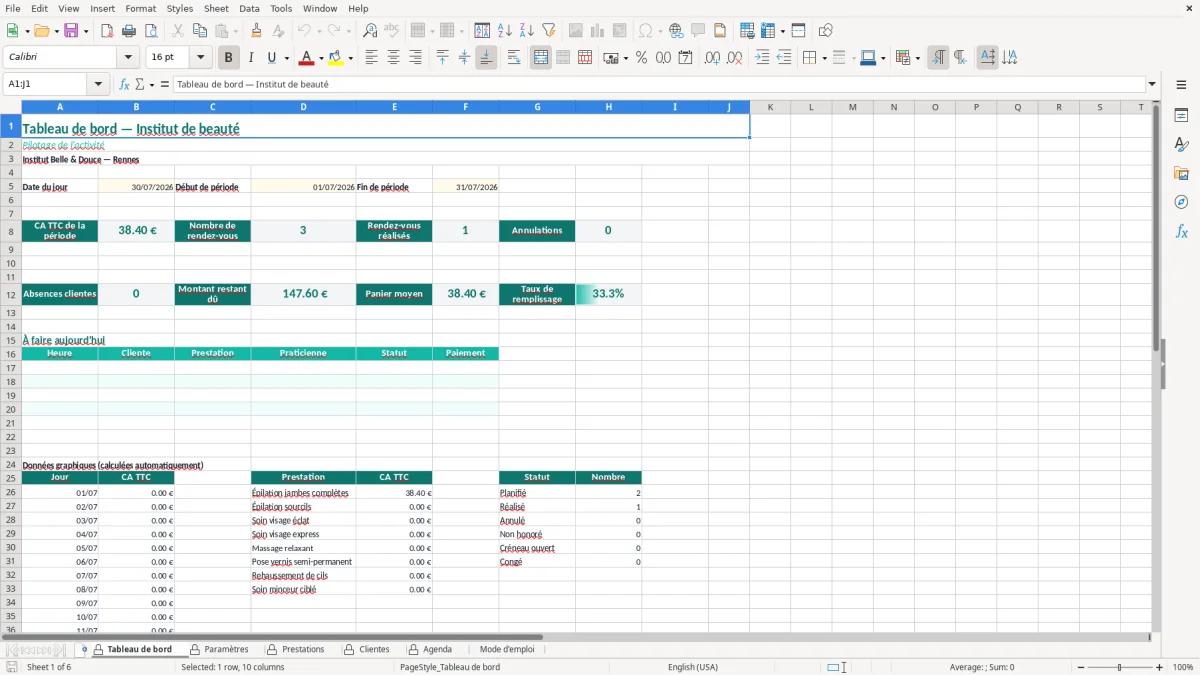 Capture d'écran 1 : Feuille Tableau de bord - Modèle Excel agenda institut beauté excel