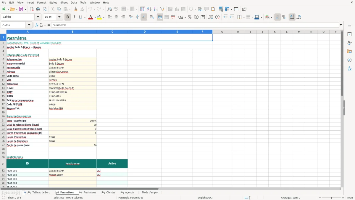 Capture d'écran 2 : Feuille Paramètres - Modèle Excel agenda institut beauté excel