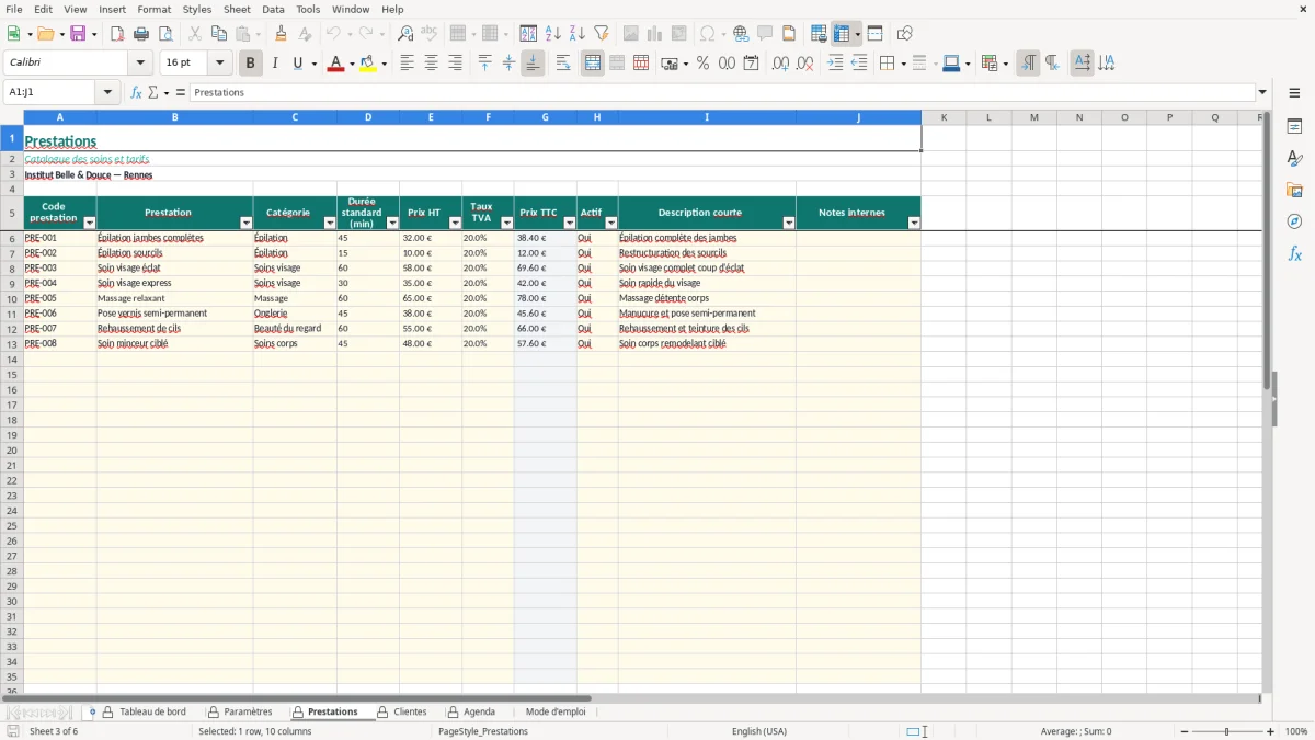 Capture d'écran 3 : Feuille Prestations - Modèle Excel agenda institut beauté excel