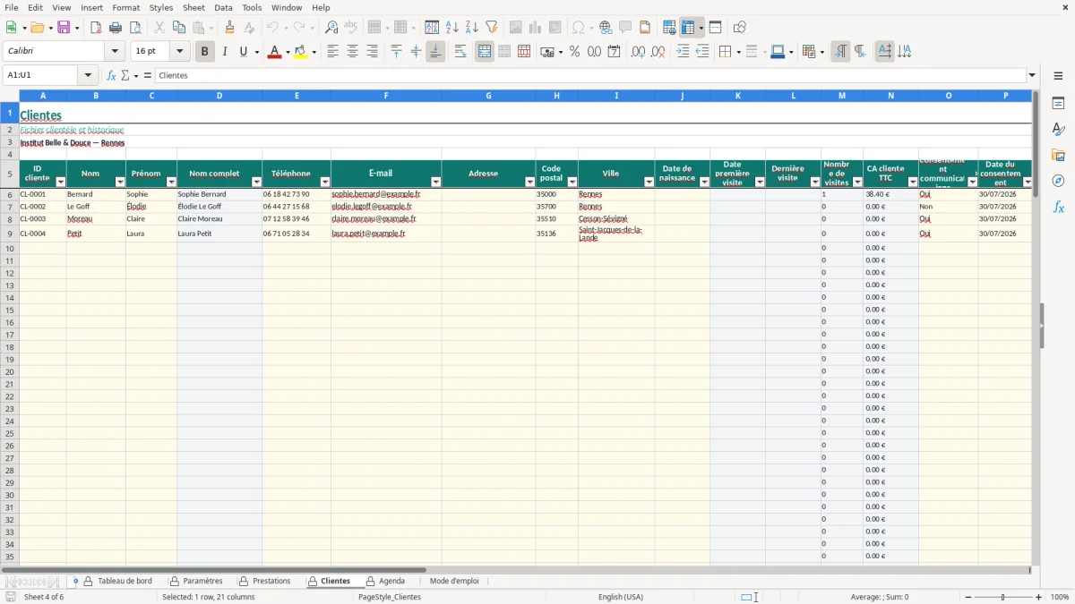 Capture d'écran 4 : Feuille Clientes - Modèle Excel agenda institut beauté excel