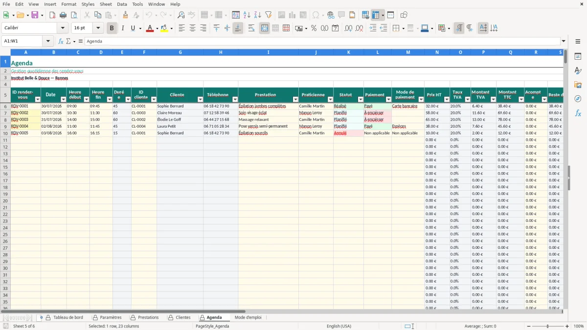 Capture d'écran 5 : Feuille Agenda - Modèle Excel agenda institut beauté excel