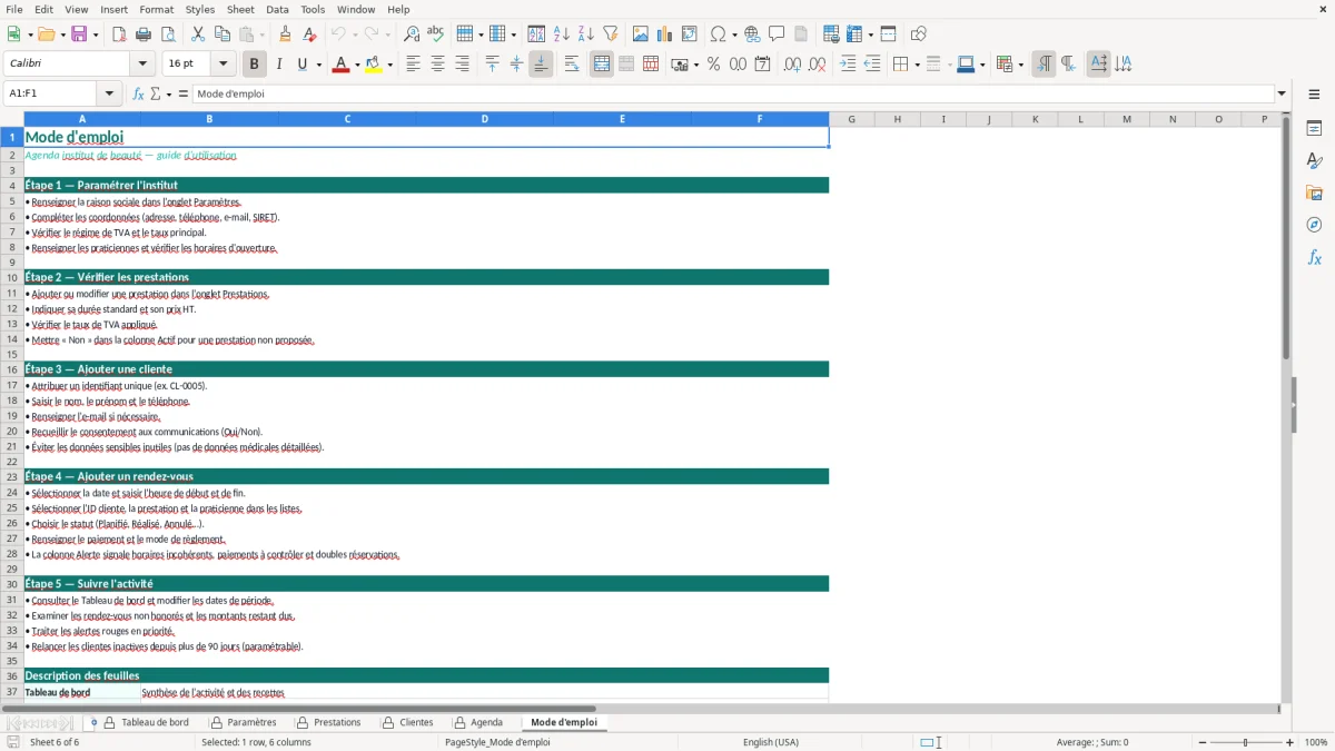 Capture d'écran 6 : Feuille Mode d'emploi - Modèle Excel agenda institut beauté excel