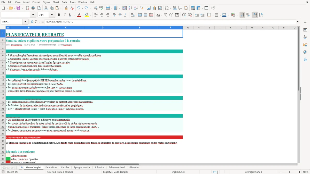 Capture d'écran 1 : Feuille Mode d'emploi - Modèle Excel planificateur retraite excel