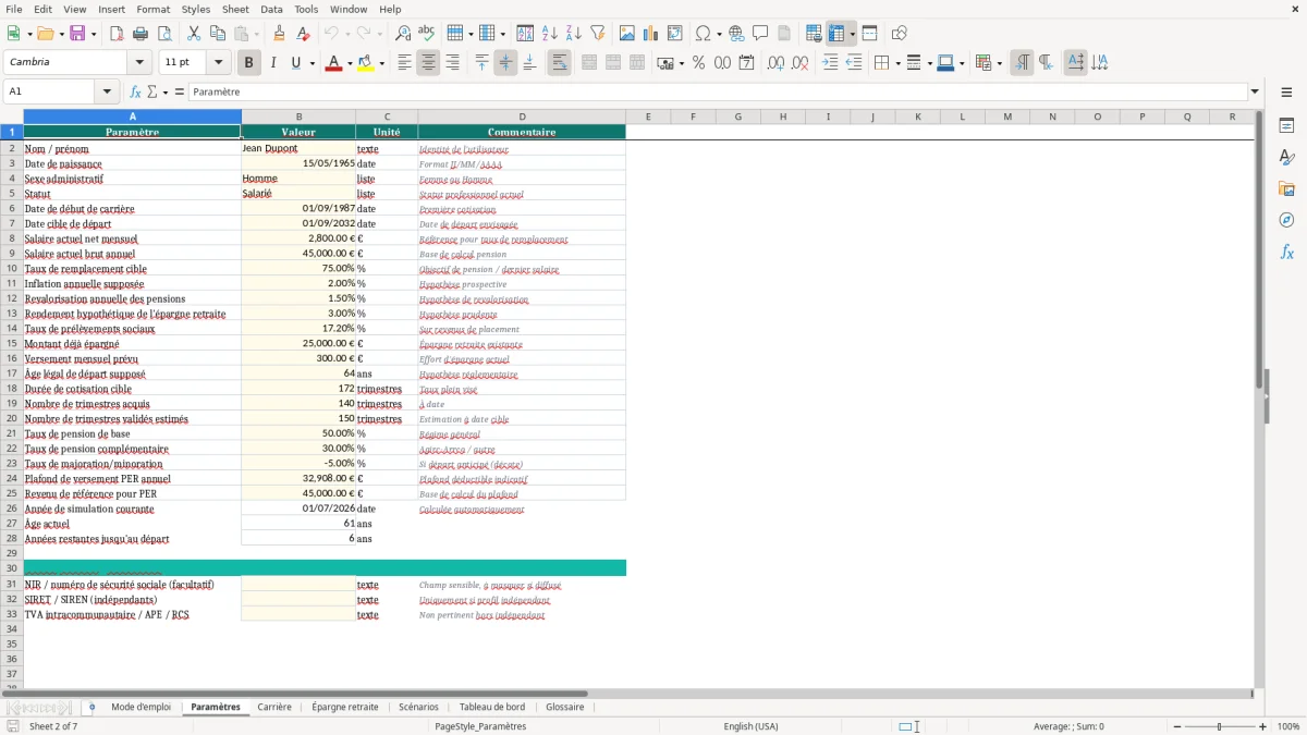 Capture d'écran 2 : Feuille Paramètres - Modèle Excel planificateur retraite excel