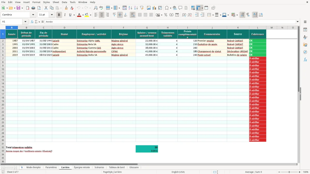 Capture d'écran 3 : Feuille Carrière - Modèle Excel planificateur retraite excel