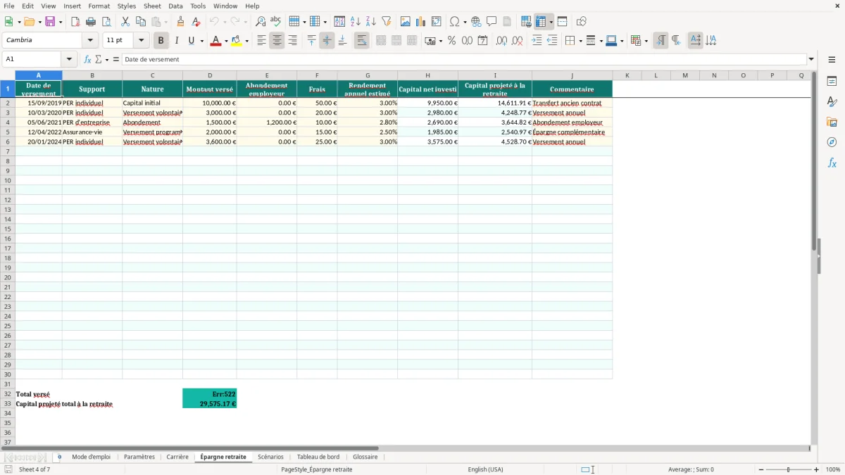 Capture d'écran 4 : Feuille Épargne retraite - Modèle Excel planificateur retraite excel
