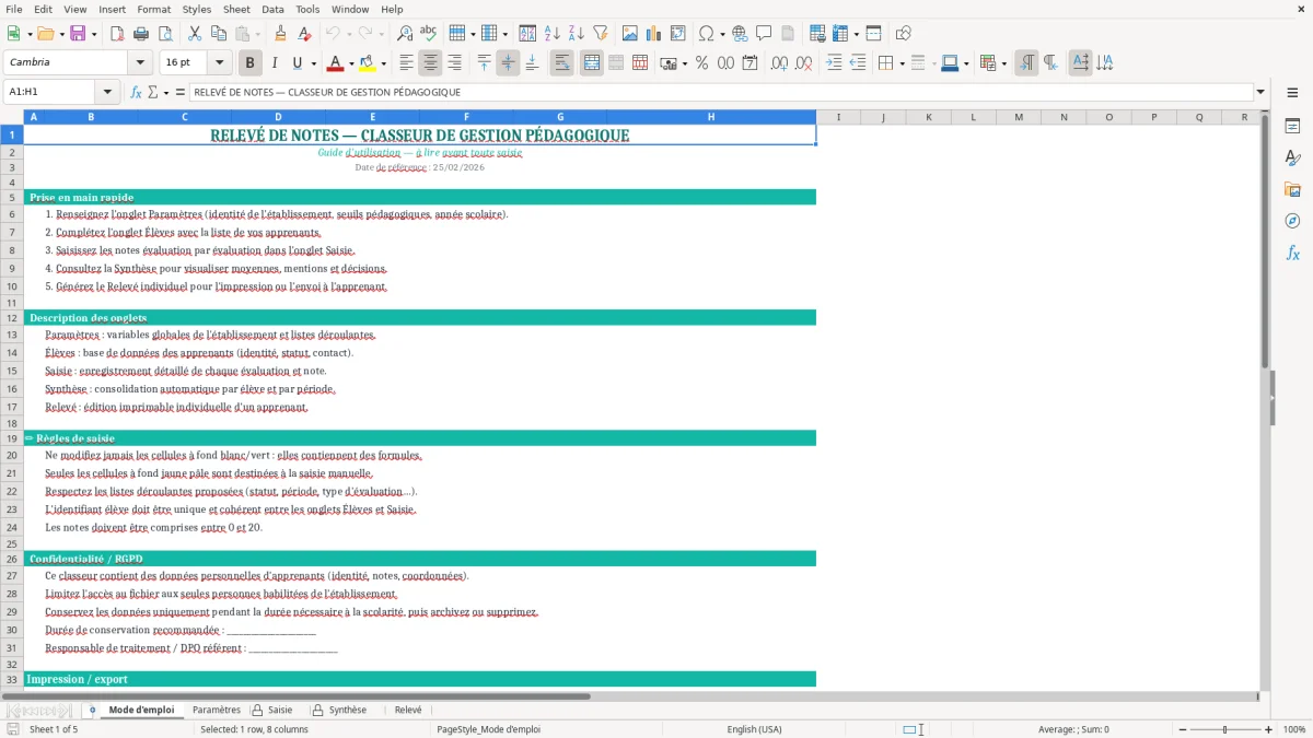 Capture d'écran 1 : Feuille Mode d'emploi - Modèle Excel relevé de notes excel