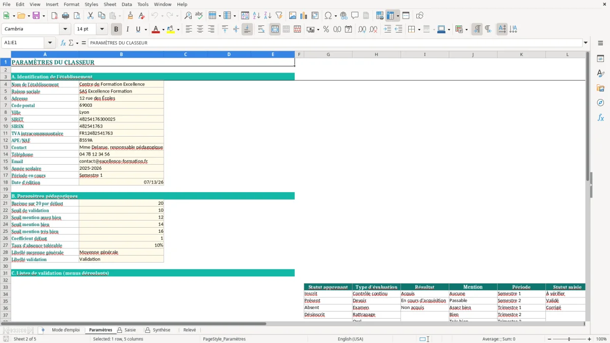 Capture d'écran 2 : Feuille Paramètres - Modèle Excel relevé de notes excel