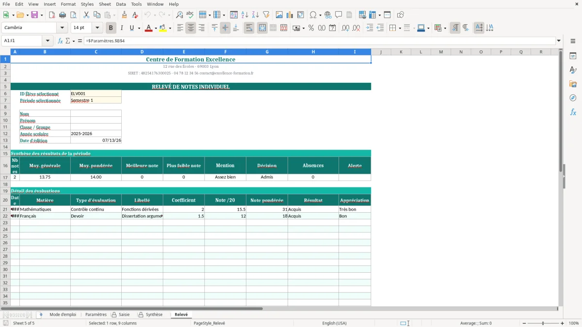 Capture d'écran 5 : Feuille Relevé - Modèle Excel relevé de notes excel