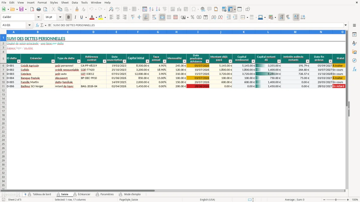 Capture d'écran 2 : Feuille Saisie - Modèle Excel suivi dettes personnelles excel