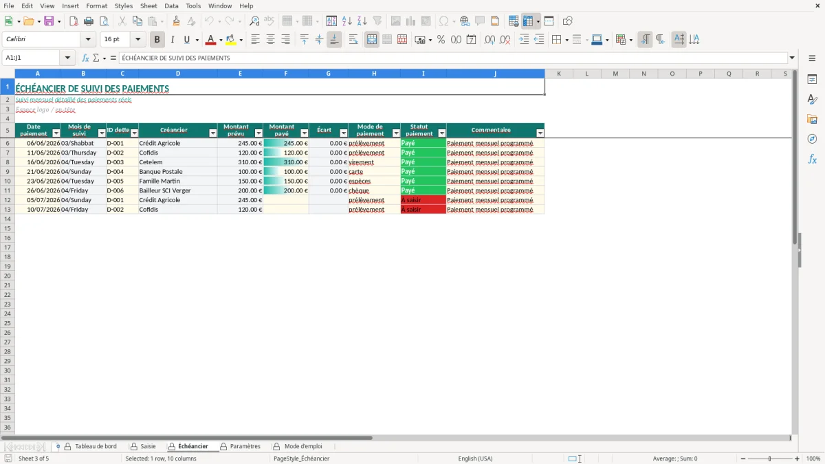 Capture d'écran 3 : Feuille Échéancier - Modèle Excel suivi dettes personnelles excel