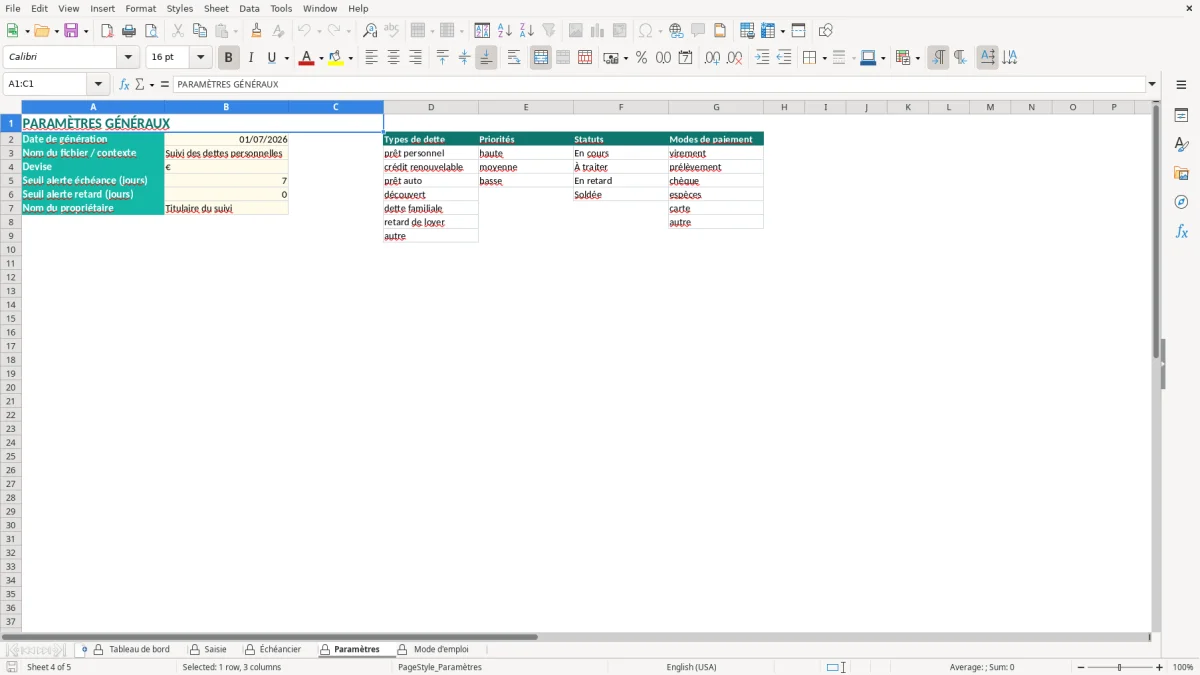 Capture d'écran 4 : Feuille Paramètres - Modèle Excel suivi dettes personnelles excel