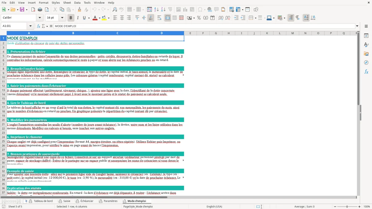 Capture d'écran 5 : Feuille Mode d'emploi - Modèle Excel suivi dettes personnelles excel