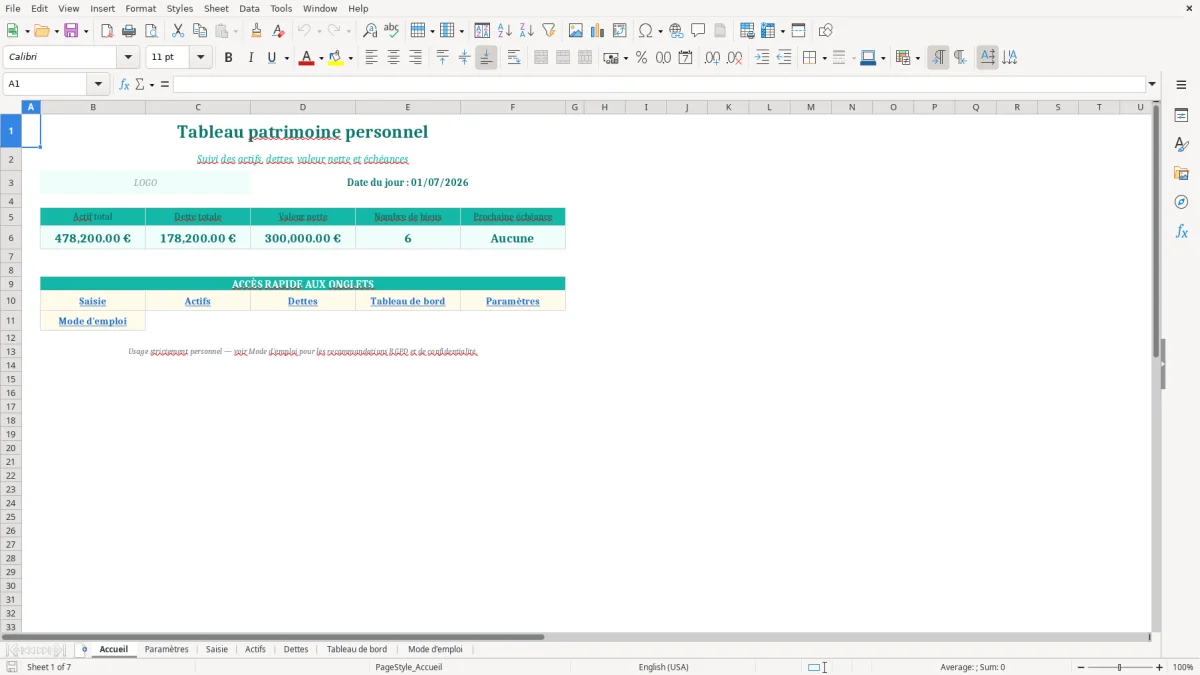Capture d'écran 1 : Feuille Accueil - Modèle Excel tableau patrimoine personnel excel