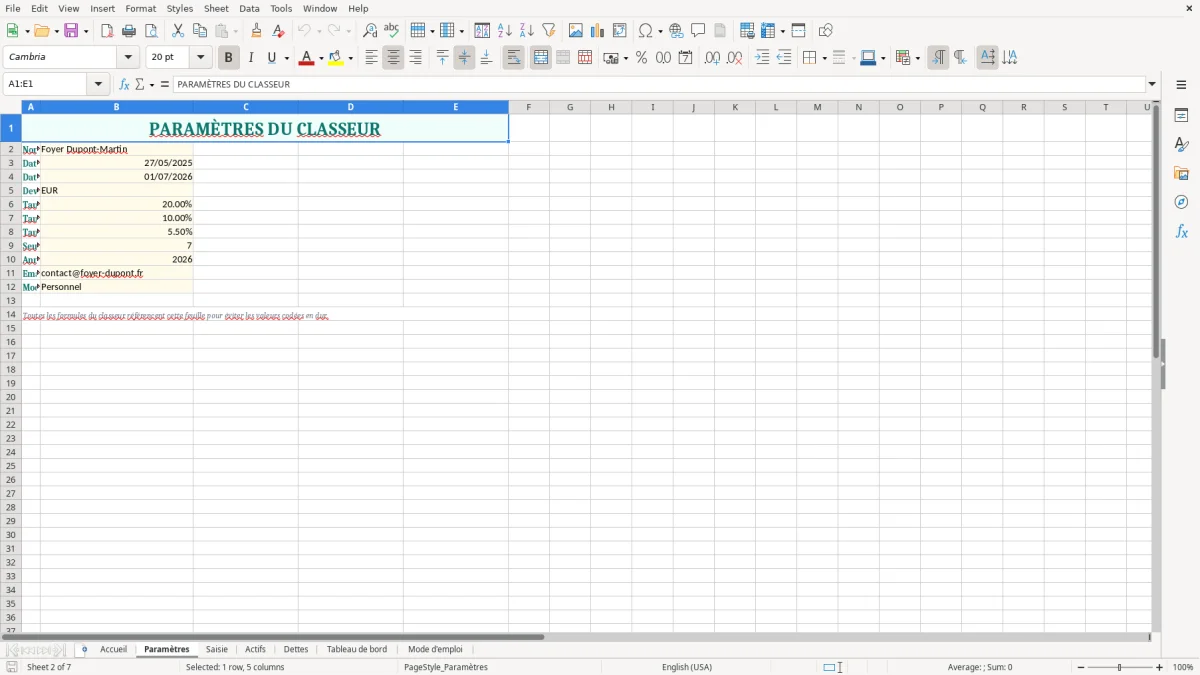 Capture d'écran 2 : Feuille Paramètres - Modèle Excel tableau patrimoine personnel excel