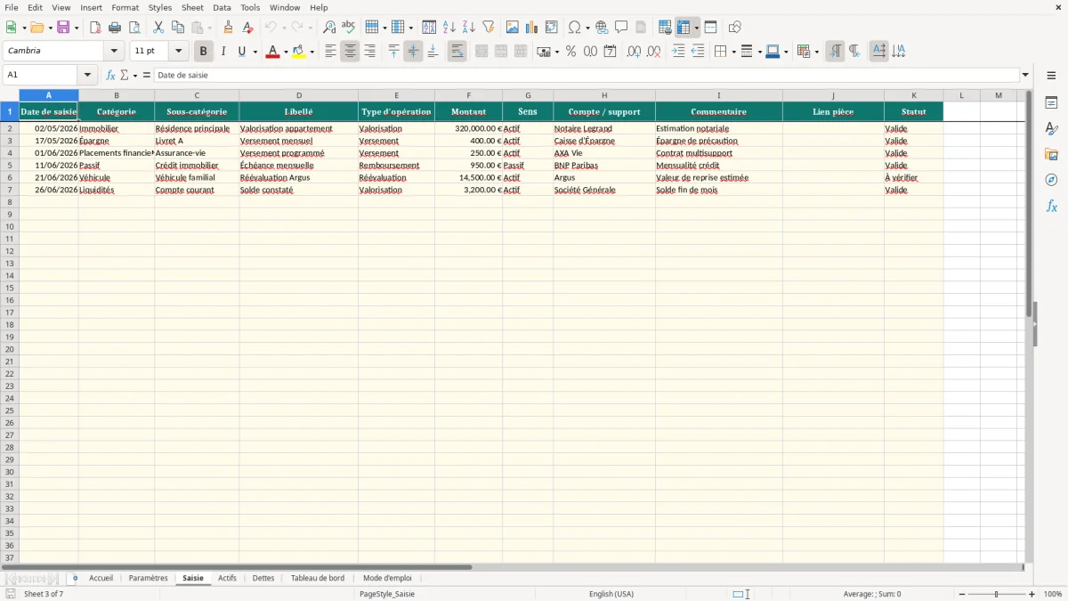 Capture d'écran 3 : Feuille Saisie - Modèle Excel tableau patrimoine personnel excel