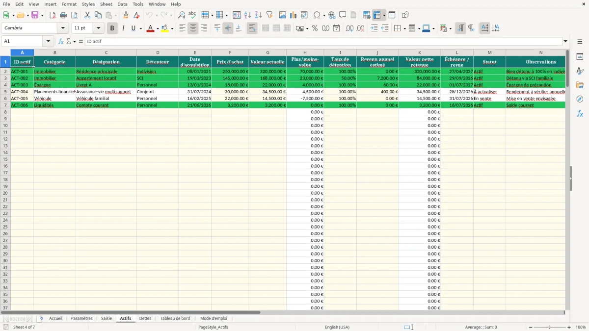Capture d'écran 4 : Feuille Actifs - Modèle Excel tableau patrimoine personnel excel