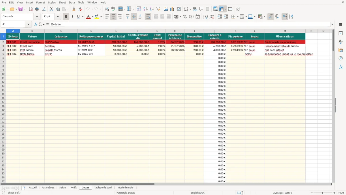 Capture d'écran 5 : Feuille Dettes - Modèle Excel tableau patrimoine personnel excel